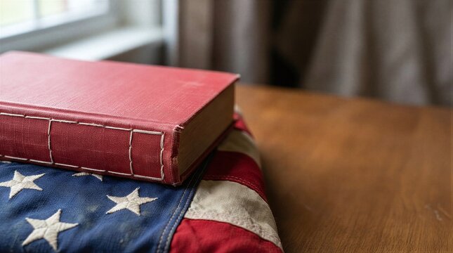 A red leather bound book sitting on top of an American flag.