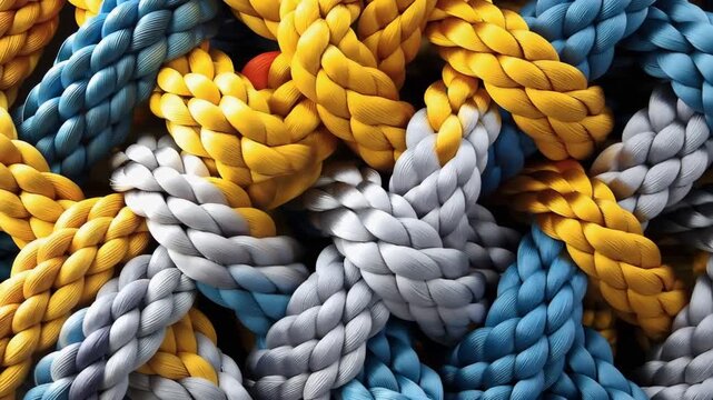 A person creates a woven pattern using blue, yellow, and gray ropes. The workspace shows tools and close-ups of the colorful design being formed carefully over time.