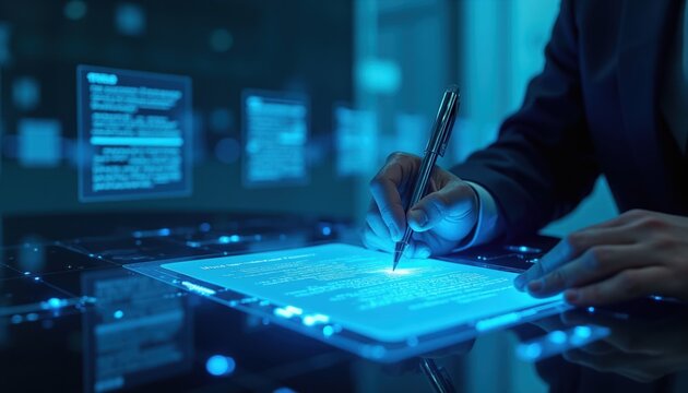Man in suit signs digital contract with glowing blue stylus pen. Futuristic document signing with electronic verification approval and authentication. Modern tech workflow process.
