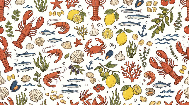 Colorful seafood and ocean elements pattern with lemons