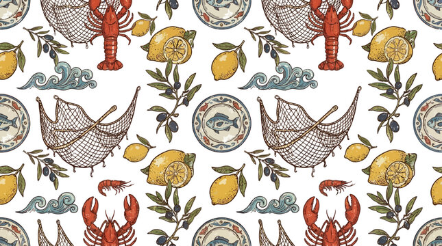 Vibrant seafood pattern with lobsters, fishing nets, lemons, and plates
