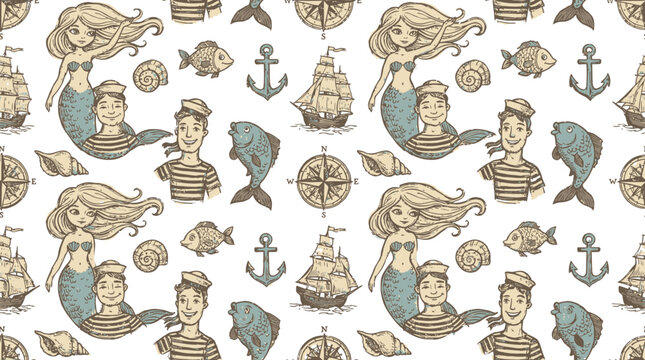 Nautical pattern with mermaids, sailors, ships, and sea creatures