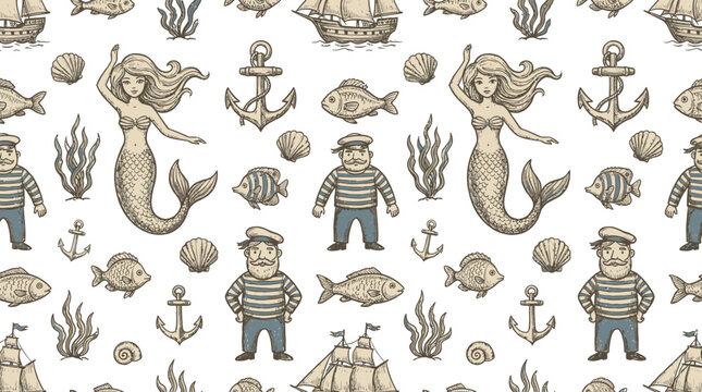 Vintage nautical pattern with mermaids, sailors, anchors, and sea creatures