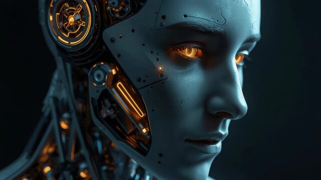 Futuristic humanoid robot face with glowing amber eye and exposed mechanical circuitry and serene