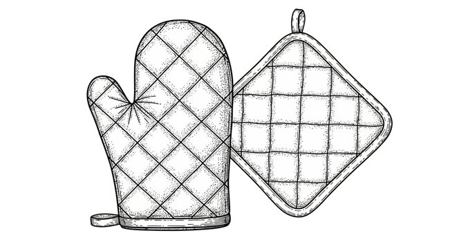 Oven Mitts, Wire, Grid Pattern, Kitchen Accessories, Cooking Essentials, Black and White Illustration, Vector Graphics