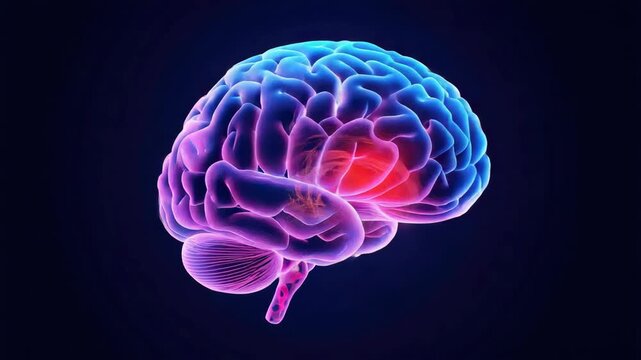 Glowing brain illustration with neon glowing brain, highlighted central lesion and neural lesion