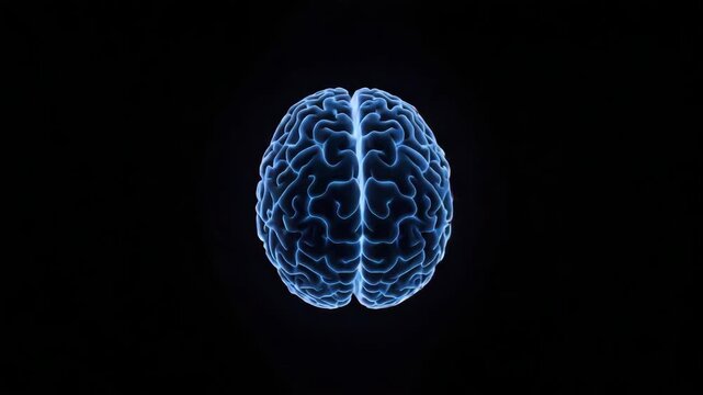 Glowing blue human brain anatomy sphere with neural glow floating black background neuroscience