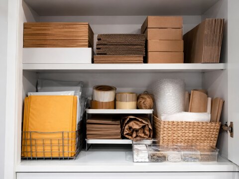 Marketplace packing supplies organized in one dedicated cabinet section