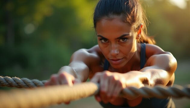 Focused woman pulls thick rope with effort outdoors. Muscular arms strain as she trains her body for strength and power. Intense workout builds endurance and grit.