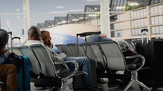 Sleeping, flight delay concept and exhausted tourists on metal bench in busy airport lounge. Resting, long flight layover and tired multiethnic travelers waiting for plane departure