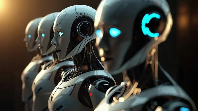 Futuristic humanoid android robot lineup with glowing blue eyes, sleek metallic cyborg forms