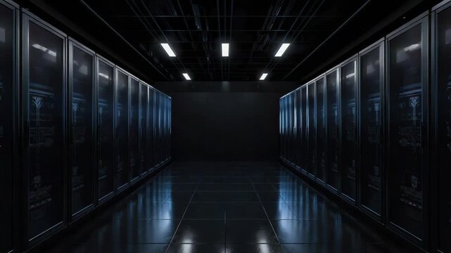 Dark data center corridor with server rack rows and cool blue lighting reflective floor