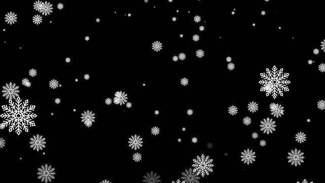 Isolated white snow overlay layer on a black background, snowflake bokeh effect, and falling snow for Christmas and holiday designs. Loop without pause.