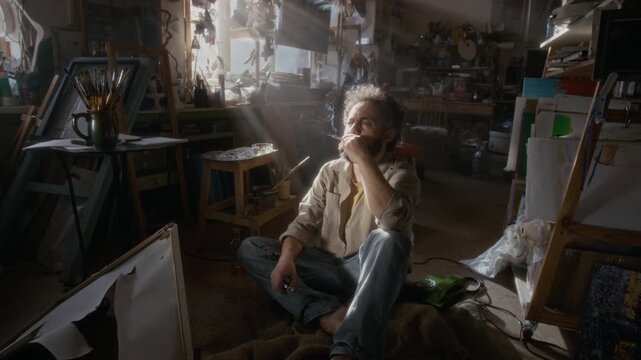 Exhausted male artist sitting on floor in studio filled with sunlight and creative chaos, smoking cigarette and looking away pensively during period of depression