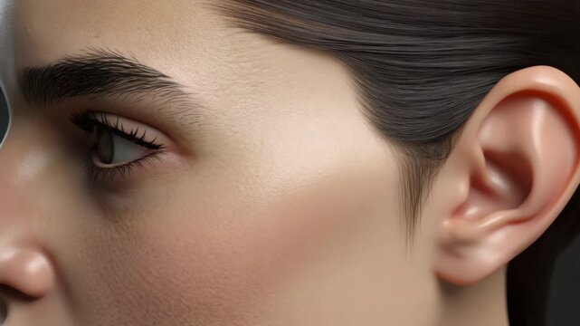 Close up eye eyelid eyeliner eyebrow skin natural brown eye portrait with expressive gaze and soft