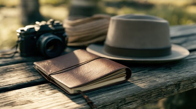 Vintage travel still life camera hat notebook on weathered wooden bench, warm golden light, leather passport and journal, classic film camera with visible lens, shallow depth of field creating soft