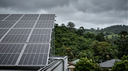 Obraz premium An aerial view of a solar panel on a cloudy day.