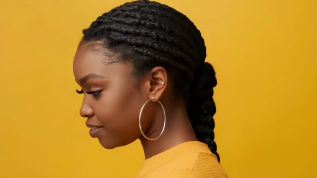 Young woman portrait with braided hair and hoop earring smiling in profile on yellow background