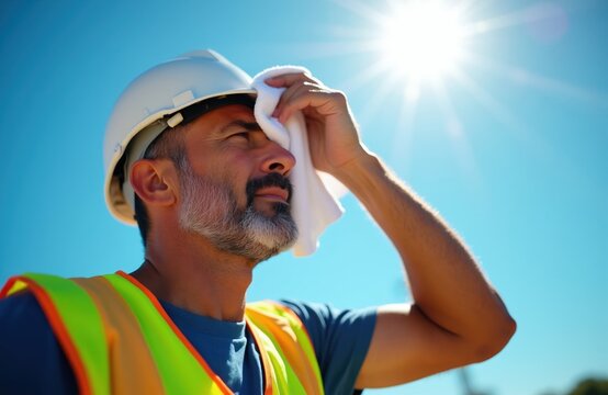 Construction worker wipes sweat from his forehead under intense sun. He wears safety helmet and vest, indicating hard work in hot conditions.