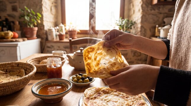 Hands tearing a steaming piece of Msemen, central to a rustic Maghrebi breakfast with olives, jam, and mint tea. Captures traditional North African culinary heritage and home comfort.