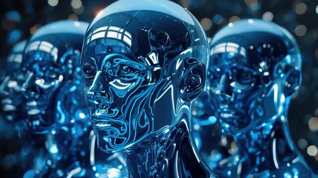 Futuristic chrome humanoid head sculpture glowing blue reflective robotic portrait with abstract
