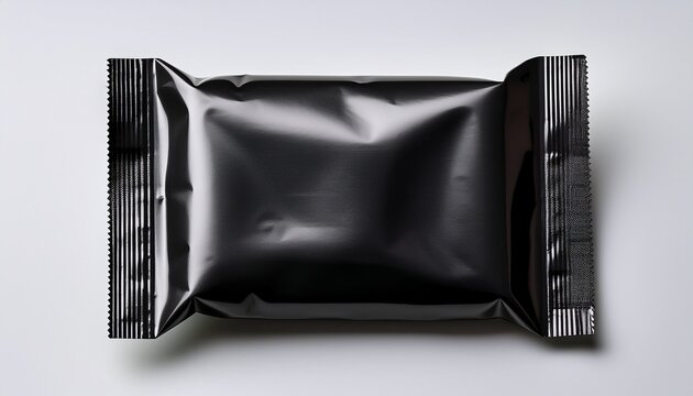 packaging design mockup of a black confectionery snack sachet isolated on a clear background