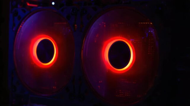 Glowing red and purple cooling fan led light inside computer pc case with dramatic neon mood