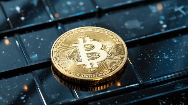 Gold cryptocurrency coin reflective circuit board with glowing particles futuristic technology coin