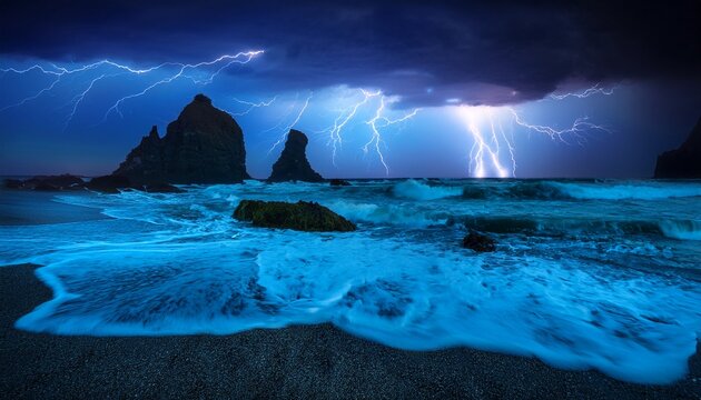 dramatic bioluminescent waves crash on a dark beach under a stormy moonlit sky with distant rock formations and lightning strikes creating a captivating spectacle