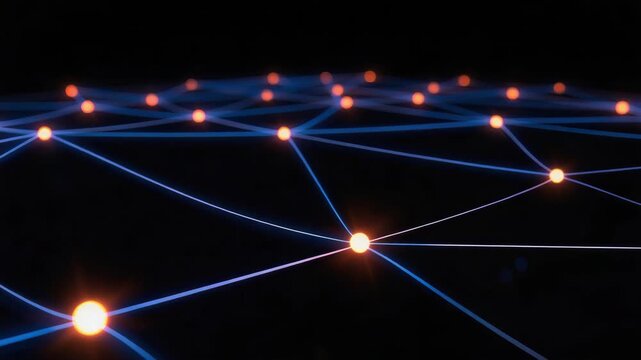 Glowing network node grid connection with blue line glowing nodes on dark futuristic grid