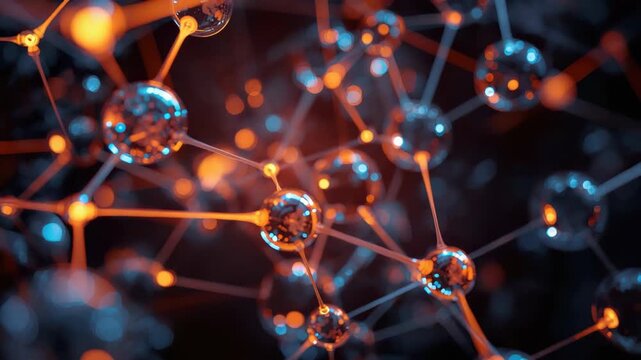 Molecular network of glowing blue and orange spheres nodes bonds and atoms connected by thin rods