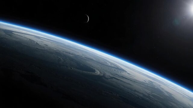 Planet crescent above blue atmosphere and curved horizon with distant sun glare in space