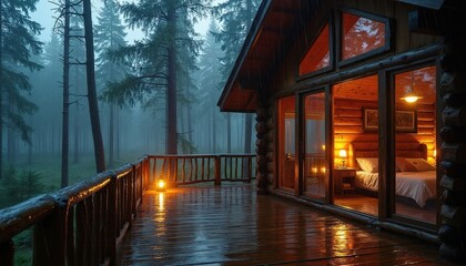 Fototapeta premium Log cabin porch with wet wood reflects lantern light. Bedroom interior glows warm from inside. Foggy pine forest surrounds cozy woodland retreat.