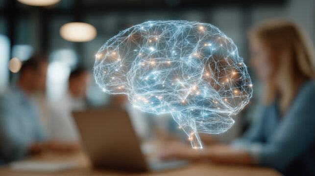 Brainstorming Innovation: An illuminating, glowing brain floats above a modern conference setting, symbolizing ideas, innovation, and technological thinking. 