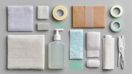 Naklejka premium Skincare product display. Elegant arrangement of skincare items. Organized flat layout featuring skincare essentials and accessories. Tidy presentation of beauty products with accessories for sale