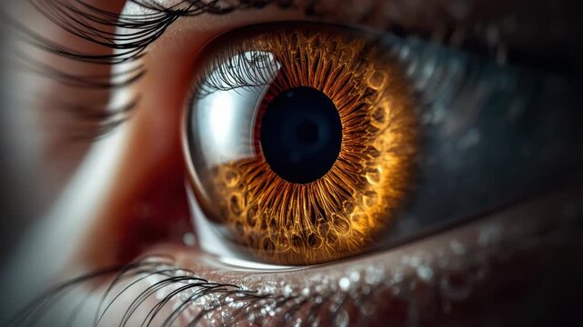 Closed eyelid with long lashes moisture lower lash line intimate close up macro golden brown eye