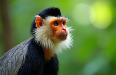 Fototapeta premium Red-shanked douc langur primate in Asian forest. Unique colorful monkey sits in green jungle foliage. Wild mammal portrait shows bright orange face and black fur.