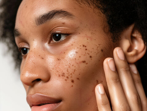 Close-up of woman with freckles touching glowing skin in natural light