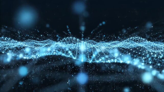 A futuristic abstract visualization depicts a network of interconnected nodes and lines, resembling a digital wave or data stream against a dark background.