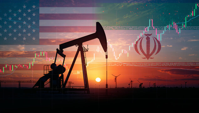 米国とイランの油田背景に金融チャートを重ねた資源相場の写真