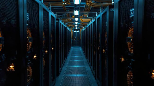 Data center server rack aisle with glowing cooling fan glow overhead cable management and blue