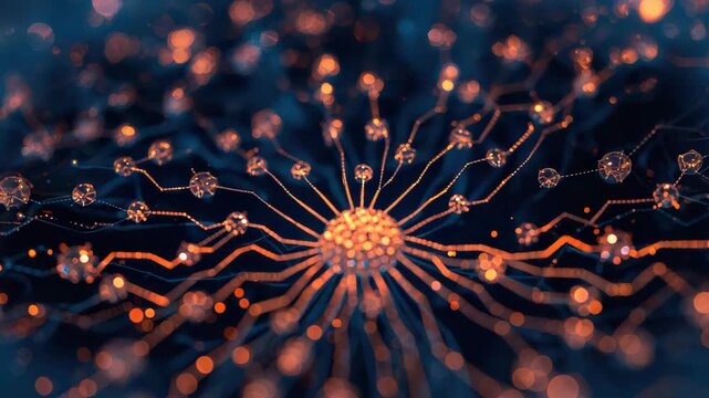 Glowing neural network hub with radiating circuit connections and bokeh lights evoking connectivity