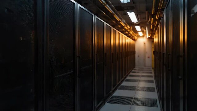 Server rack aisle in data center corridor with warm lighting reflective cabinets and equipment