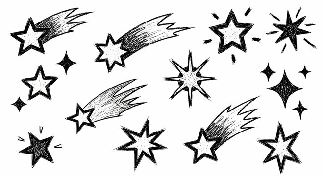 Hand-drawn shooting star icons and sparkling starbursts, sketch doodle style