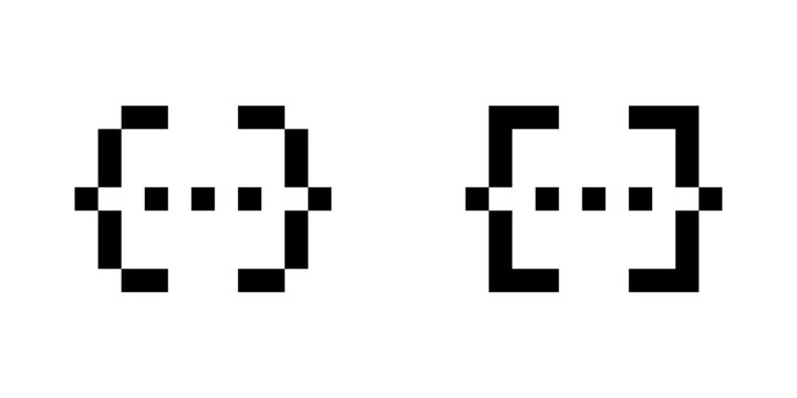 Pixel curly braces icons with ellipsis, 8-bit code syntax symbols, retro blocky programming placeholder UI icons
