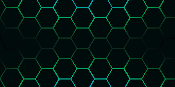 Abstract dark background featuring a digital hexagonal honeycomb pattern. The glowing green and blue neon lines create a high-tech, modern desain  vector eps10