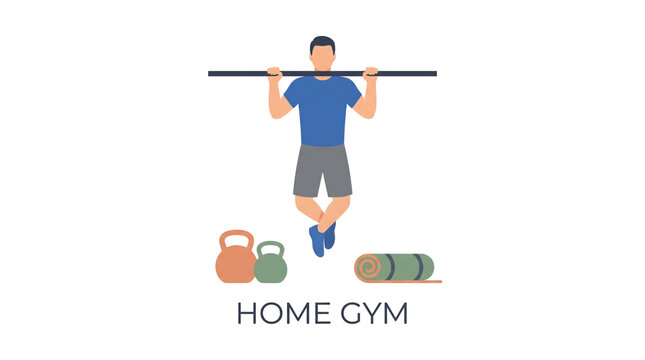 Man performing pullups on a horizontal bar in a home gym setting