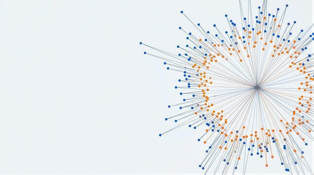 An eye-level view of a cluster of orange and blue dots against a white backdrop.