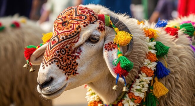 Decorated sheep with henna patterns and tassels for a traditional festival