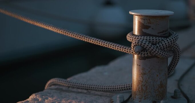 Rope tied around a metal bollard on a stone surface in low sunlight in Pula Croatia.